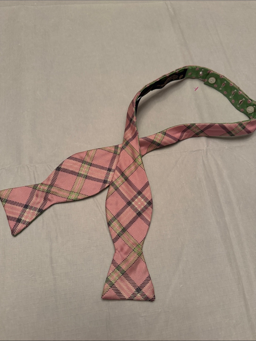 Brooks Brothers Pink Plaid Self-Tie Bow Tie with Green Accents